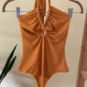 ASTR Suze Sunset Orange Halter Bodysuit